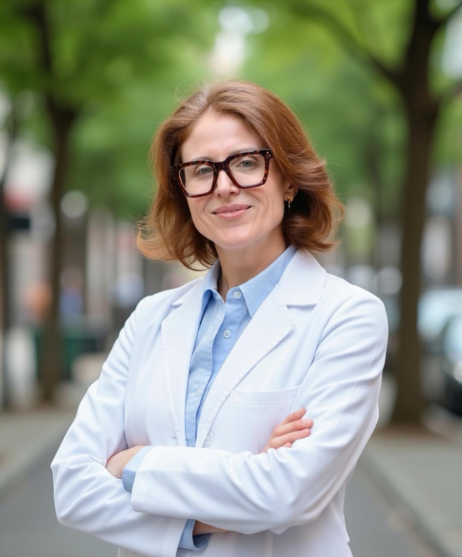 Dr. Kelly Casteel, hematologist-oncologist, standing outdoors in a white coat